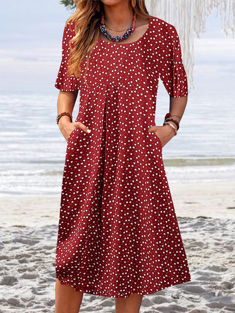 Women's Short Sleeve Scoop Neck Heart Printed Midi Dress With Pockets