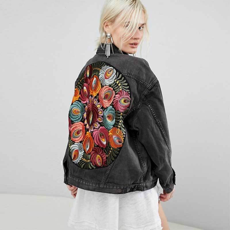 Denim Jacket Boho Oversized Multi Floral Embroidered Long Sleeve Casual Chic Jacket Coat Women 2021 New Spring Autumn Clothes