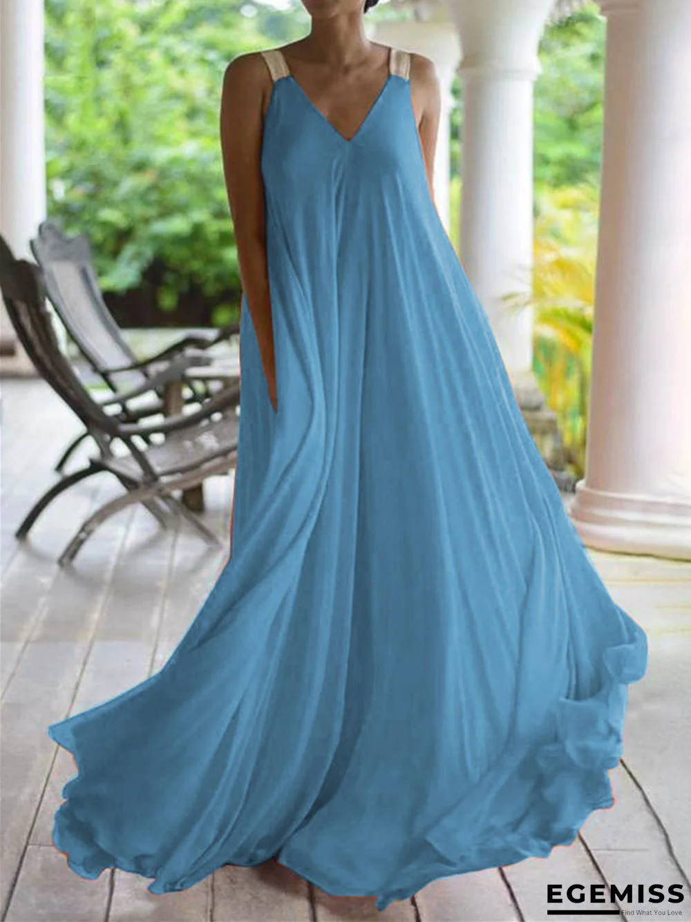 Bohemian Long Solid Color V-neck Large Size Halter Dress | EGEMISS