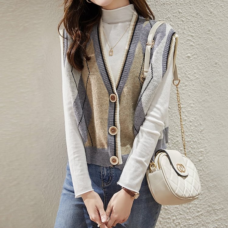 Khaki Casual Shift Sleeveless Knitted Vests QueenFunky