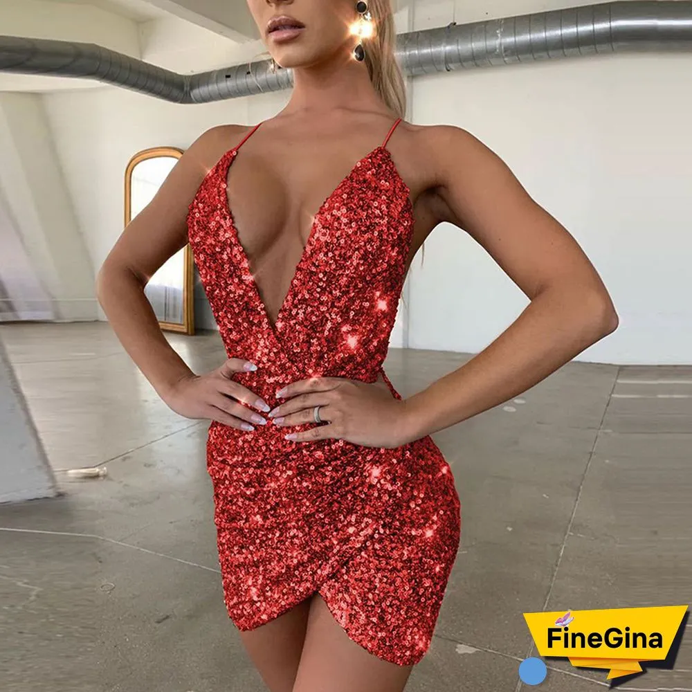 Sexy Womens Sequins Glitter Sparkle Deep Neck Halter Backless Bodycon Short Mini Dress
