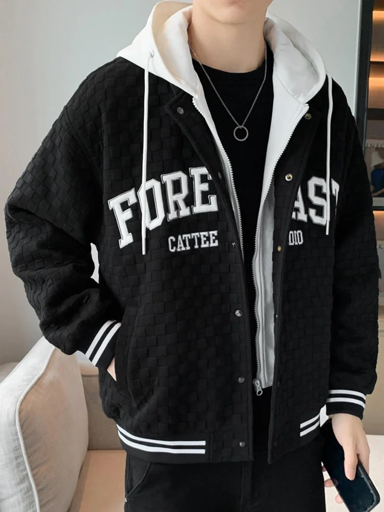 2023 New Spring Men's Hooded Varsity Jacket Streetwear Fashion Fake 2 In 1 Single Breasted Casual Windbreaker Loose Letter Coat