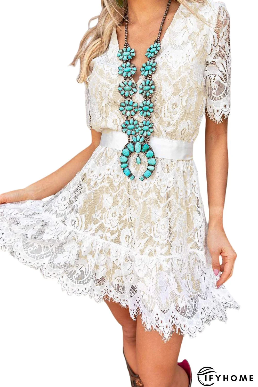 Floral Lace Crochet V Neck High Waist Mini Dress | IFYHOME