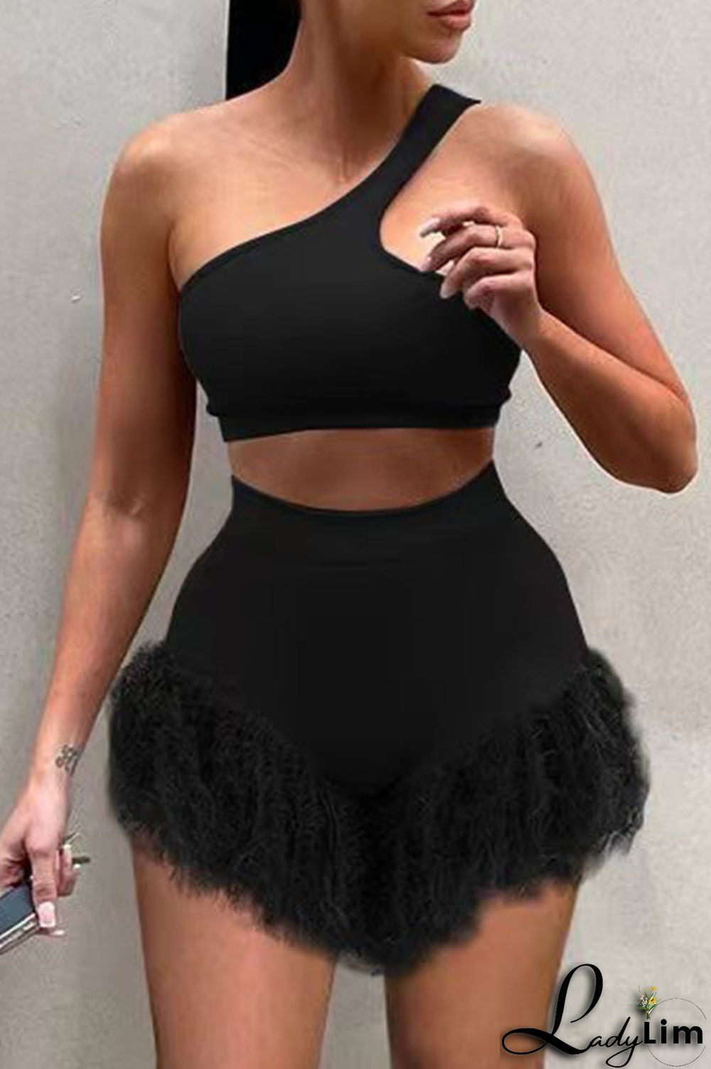 Pink Fashion Sexy Solid Patchwork Backless One Shoulder Two Pieces