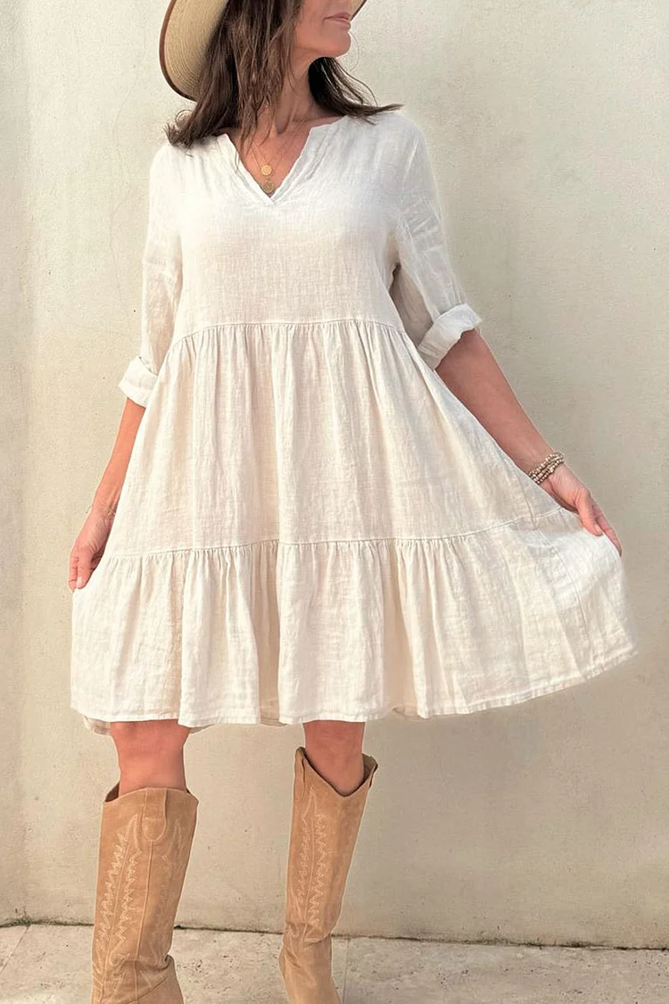 V Neck Half Sleeve Pleated Quilted Linen Mini Dresses [Pre Order]