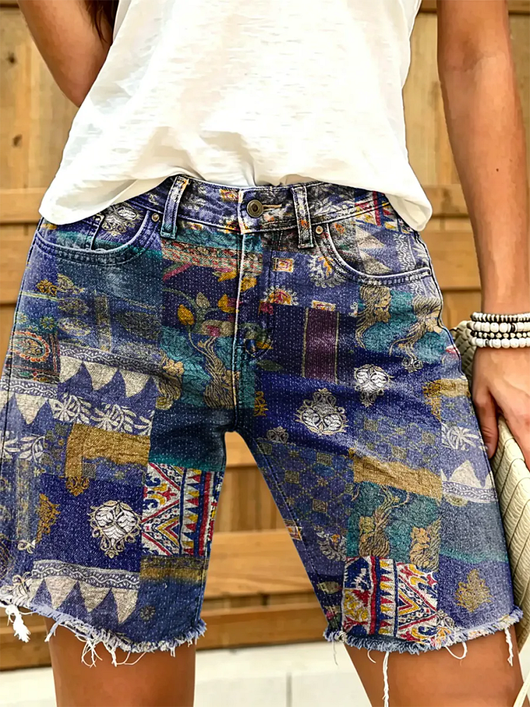 Women's Vintage Ethnic Paisley Patchwork Print Denim Shorts