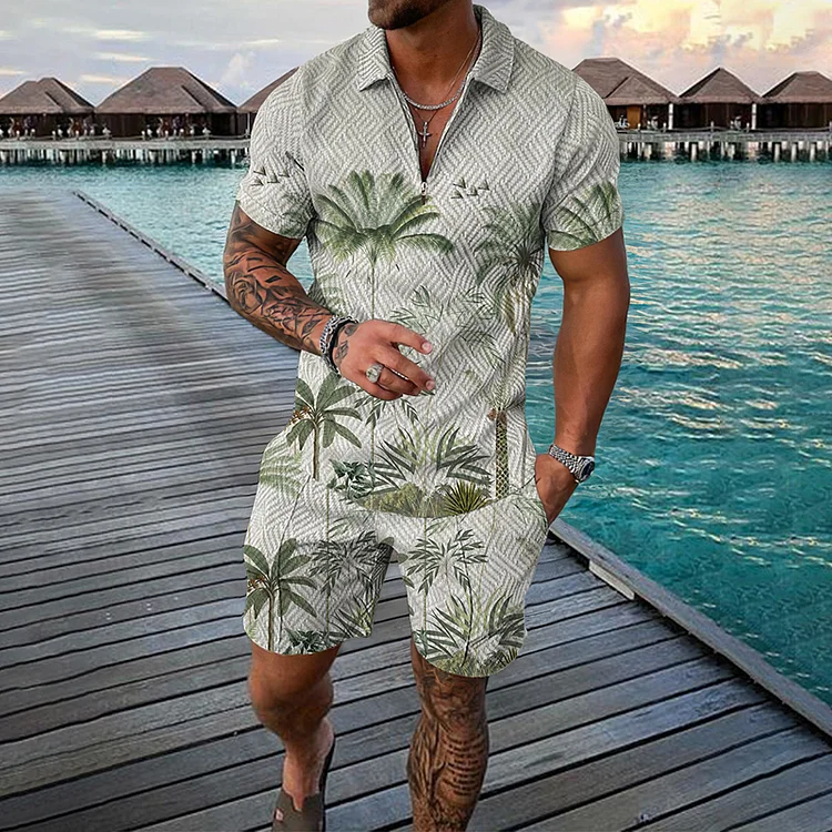 Broswear Causal Coconut Pattern Print Short Sleeve Polo Shirt And Shorts Co-Ord