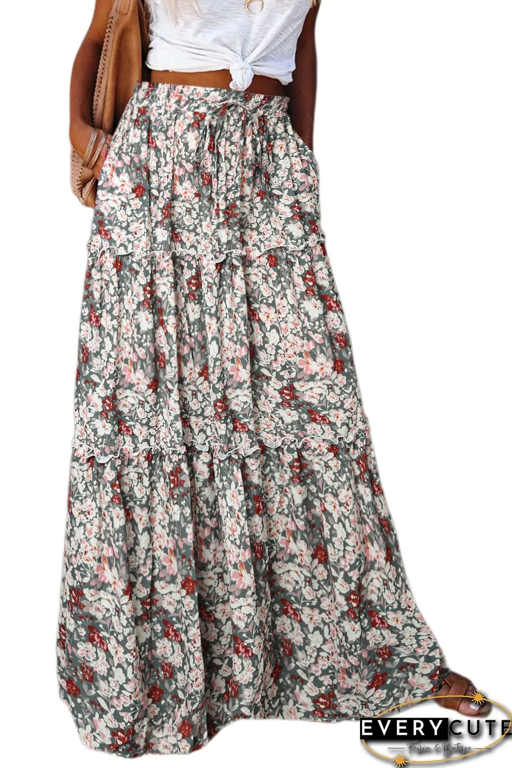Multicolor Tiered Paisley Print Pocketed Maxi Skirt