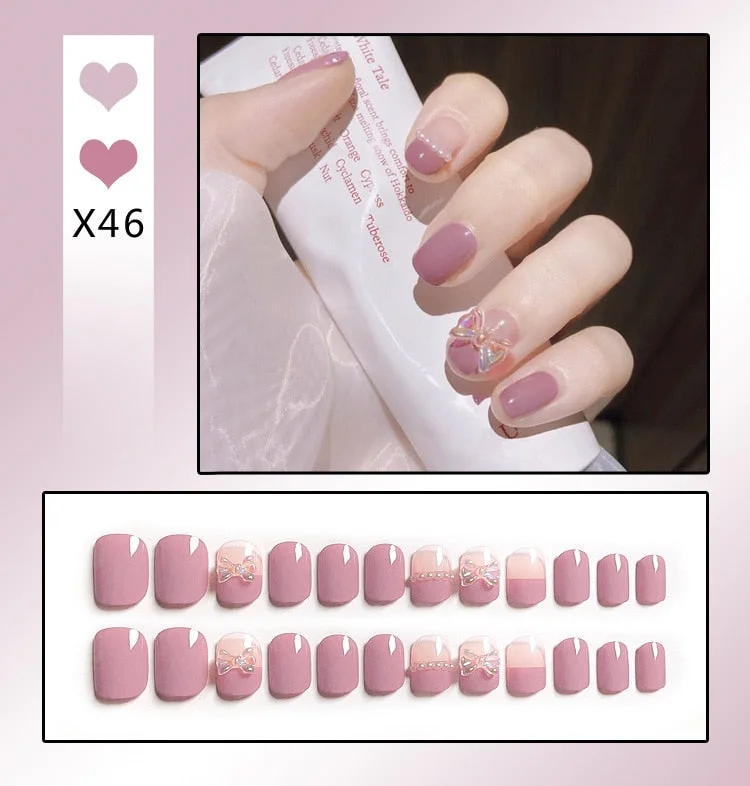 24Pcs/Set French Rhombus Designs False Nail Full Cover Fake Nails with Glue Detachable Wearable DIY Manicure Nail Art Tools-Nail Inspo