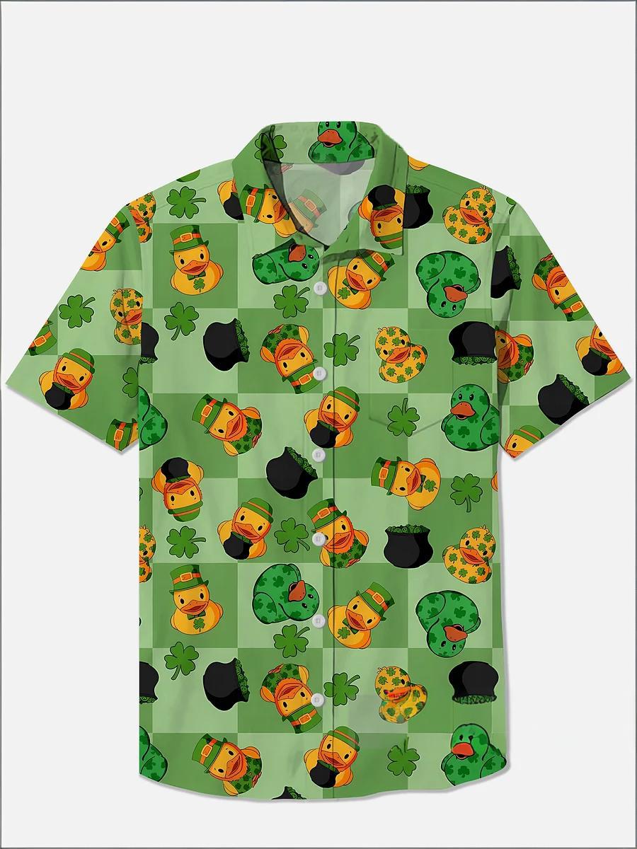 St. Patrick's Day Celebrations Cute Duck with Shamrock and Pot of Gold Patterns Printing Breast Pocket Short Sleeve Shirt PLUSCLOTHESMAN