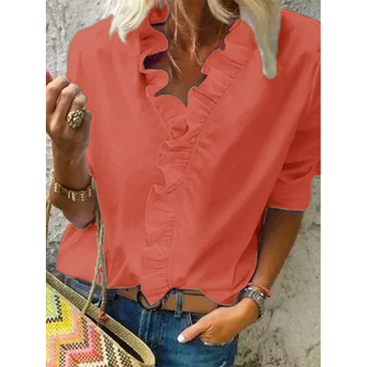 Casual Ruffle Solid Short Sleeve Blouse