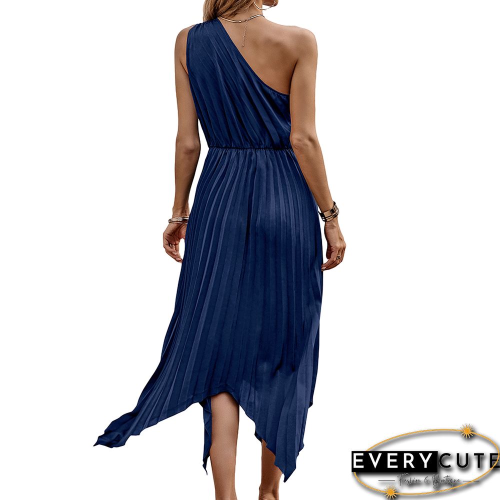 Navy Blue One Shoulder Irregular Pleat Casual Dress