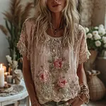 Women's Pink Flower Embroidered Art Short Sleeve T-shirt - Image 2