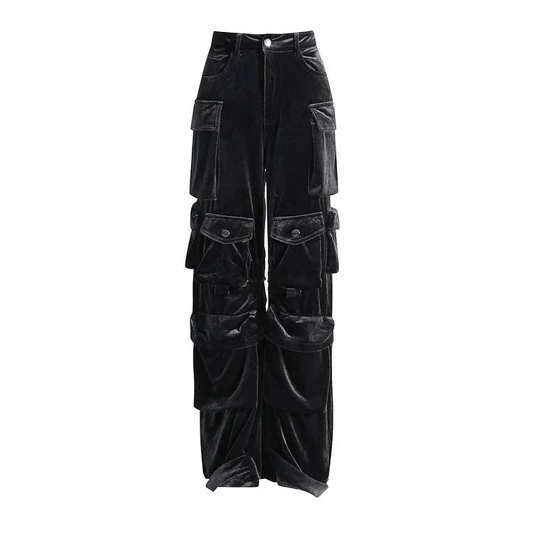 Street Purple High-Waist Pockets Velvet Cargo Pants