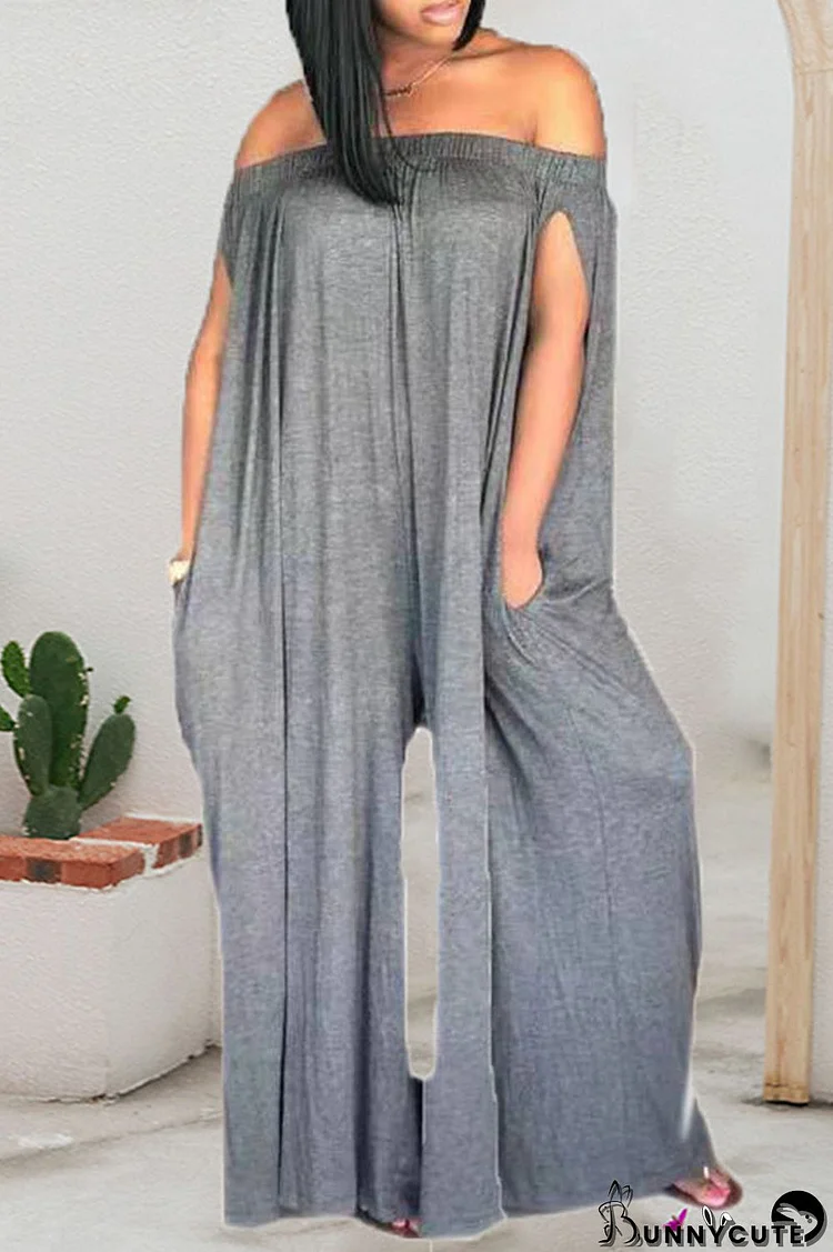 Grey Casual Solid Patchwork Off the Shoulder Straight Jumpsuits