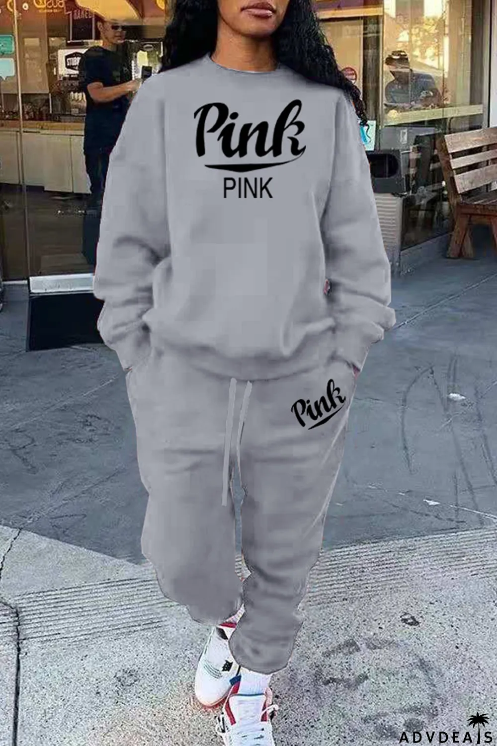 Grey Fashion Casual Letter Print Basic O Neck Long Sleeve Two Pieces