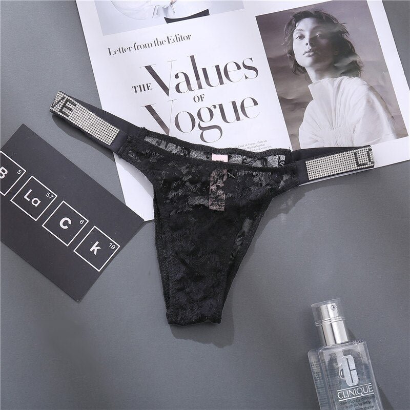 FINETOO Sexy Women Rhinestone Panties G-string Crystal Underwear Lace Pantys Femme Perspective Thong Letter Tanga Girl Lingerie