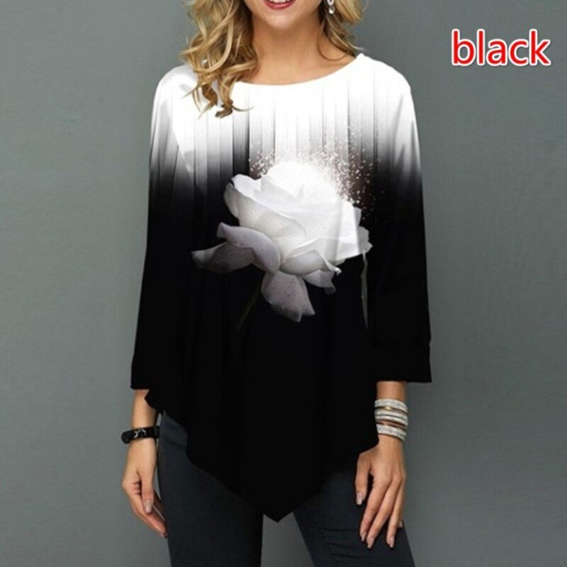 Shirt Blouse Fashion New 2021 Large Size Sleeve Floral Printing Casual Hem Lrregularity Female Fashion Shirt Tops