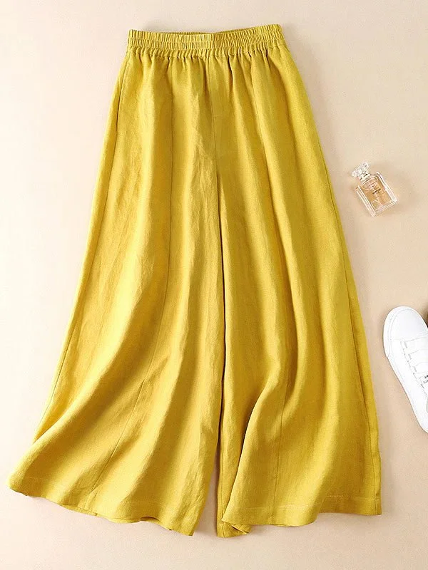 Loose Linen High Waist Solid Wide Leg Cropped Pants