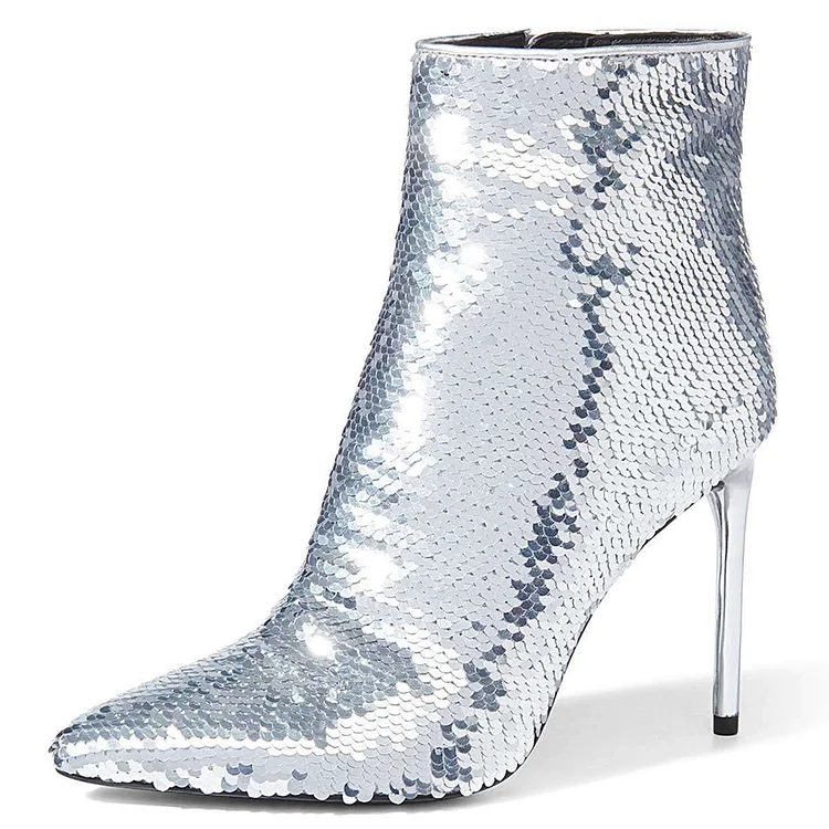 Silver Sequined Boots Stiletto Heel Ankle Boots |FSJ Shoes