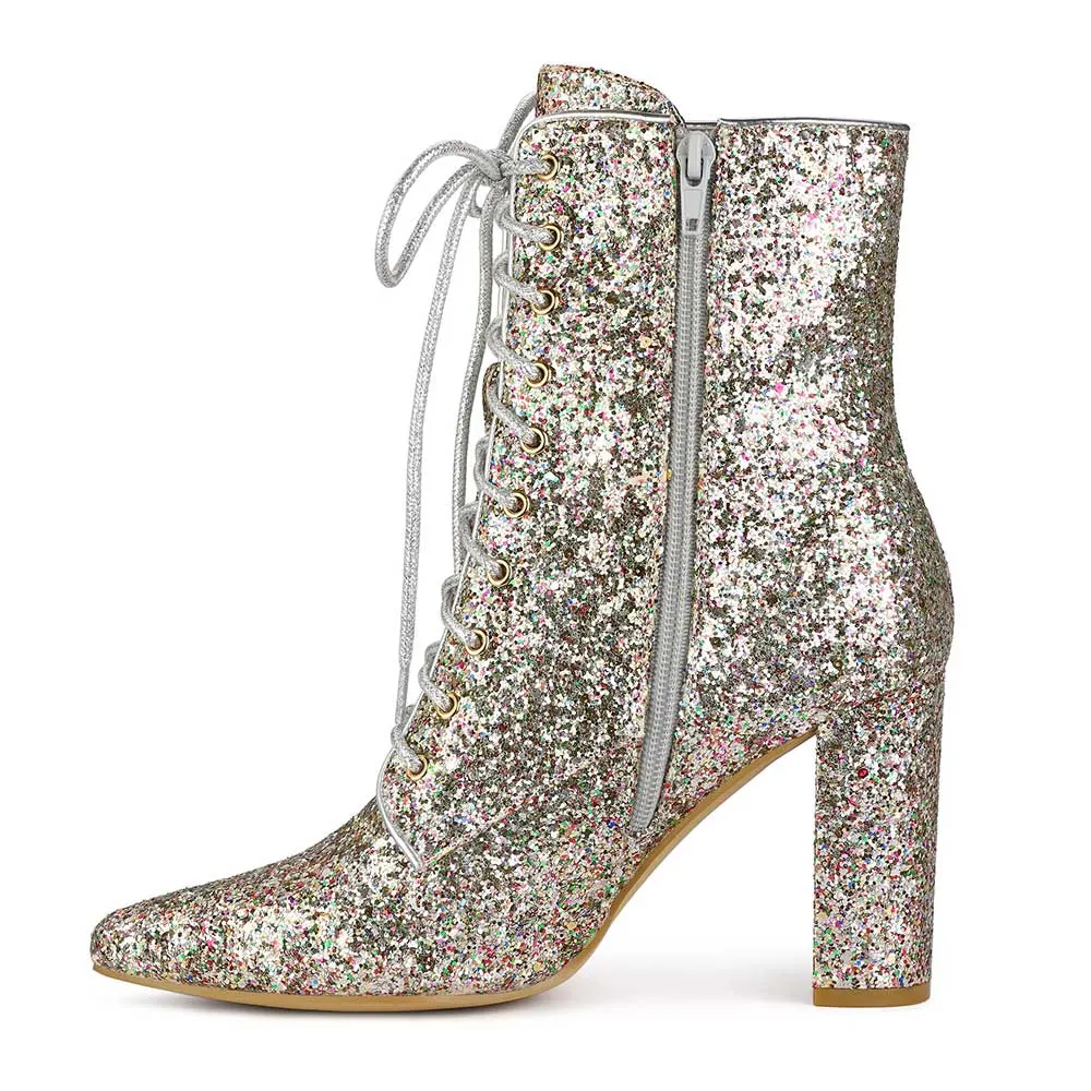 Multicolor Glitter Pointed Toe Lace Up Short Booties with Zipper
