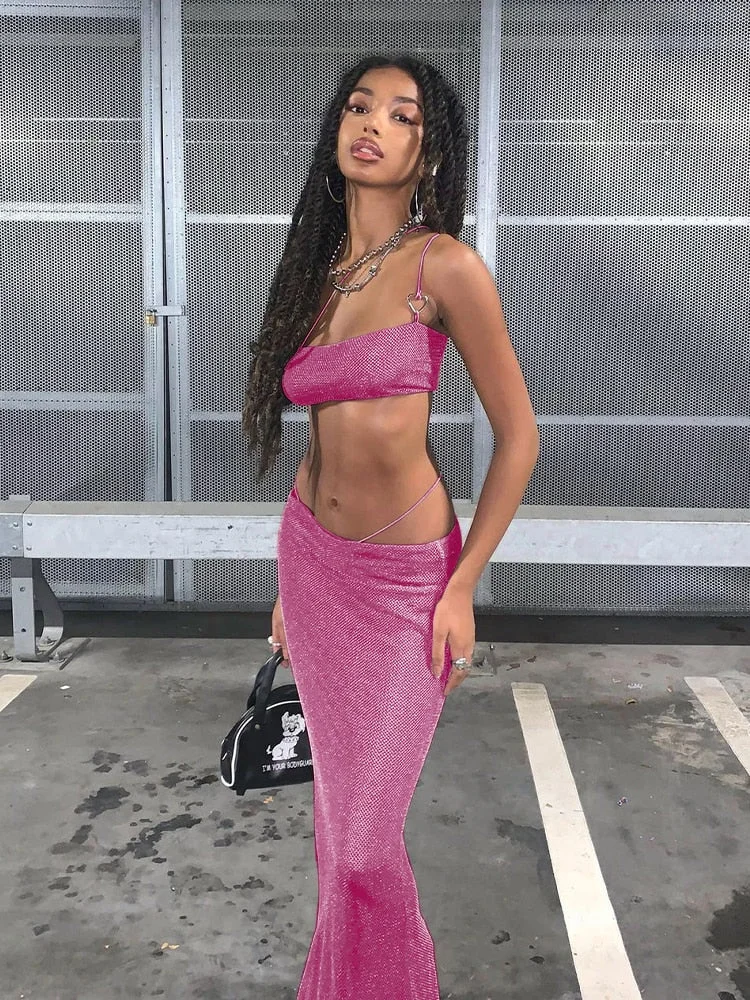 Jacuqeline 2022 Summer Sexy Mesh Beach Dress Sets Women Sleeveless Tube Top And Bodycon Midi Skirts Y2K 2 Piece Set Club Party