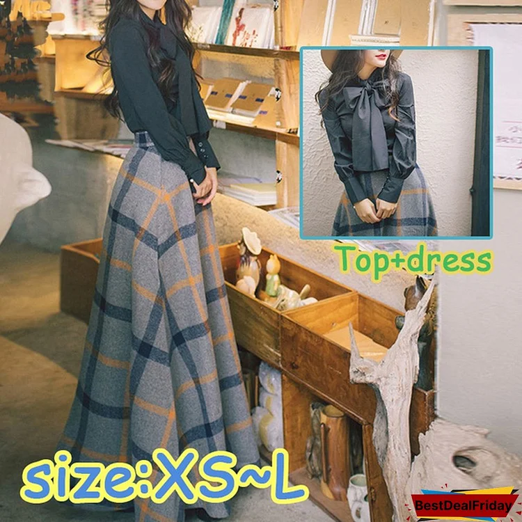 Autumn Winter Bow Neck Full Sleeve Blouse Shirt Top And Woolen Plaid Skirt Two-Piece Outfits Set Suit Women Dresses
