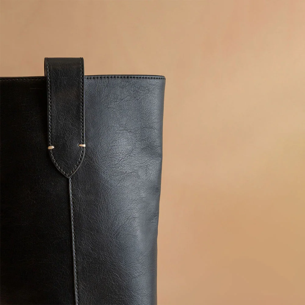 Black Faux Leather Round Toe Chunky Heel Studded Boots for Women