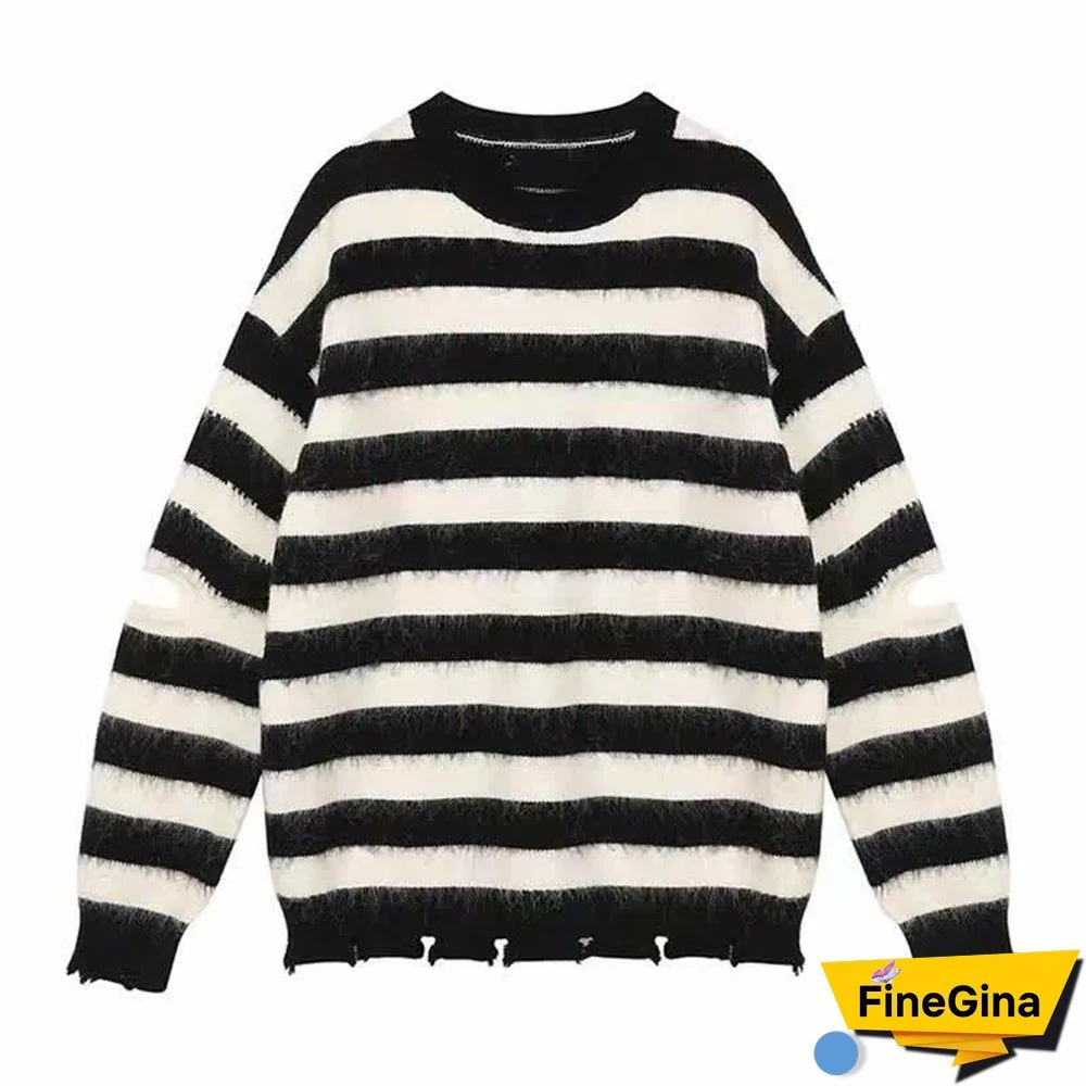 Stripe Print Colorblock Hollow Out Loose Sweater