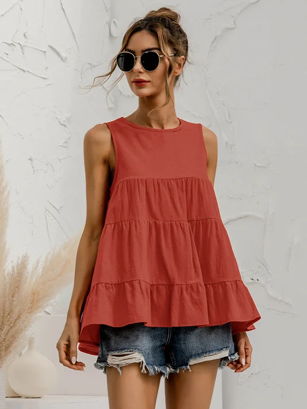 Casual Loose Sleeveless Split-Joint Solid Color Round-Neck Vest Top