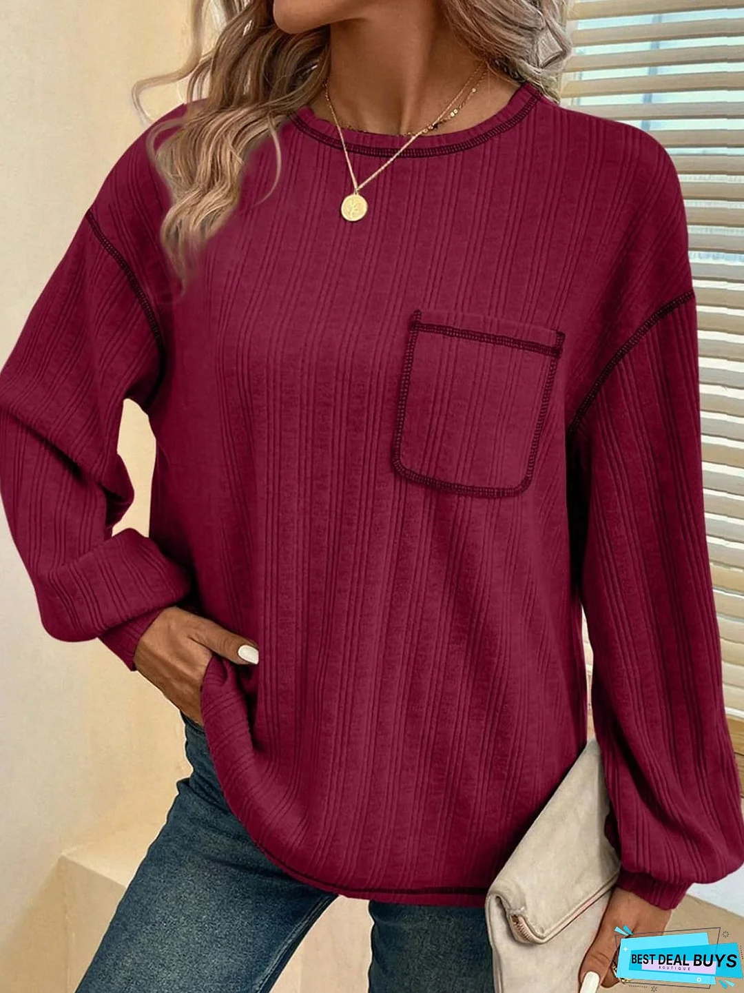Mandy Contrast Stitching Round Neck Long Sleeve T-Shirt