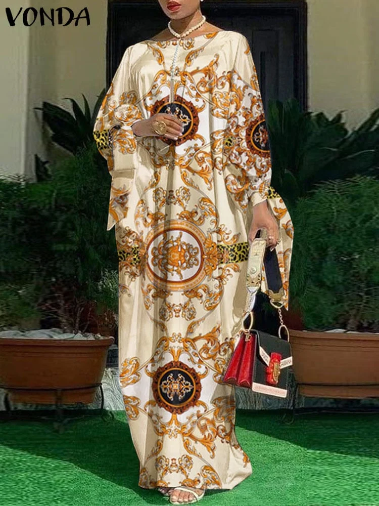VONDA Robes Women 2022 Vintage Printed Long Sleeve Dresses Casual Loose Bohemian Vestidos Summer Casual Loose Long Maxi Sundress