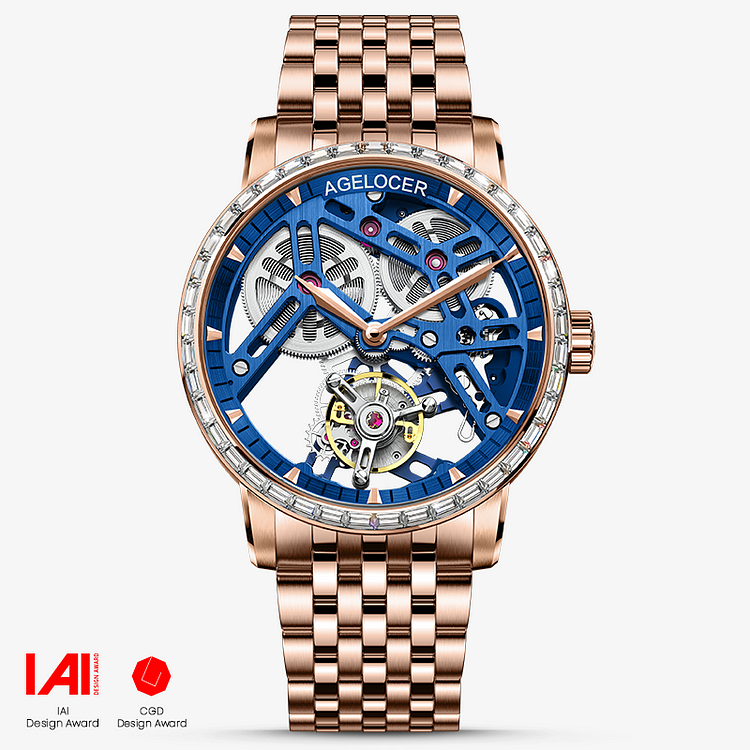 Agelocer Free-Sprung Tourbillon Men's Hollow Mechanical Watch - Gloden Blue Steel Strap Diamond Watch