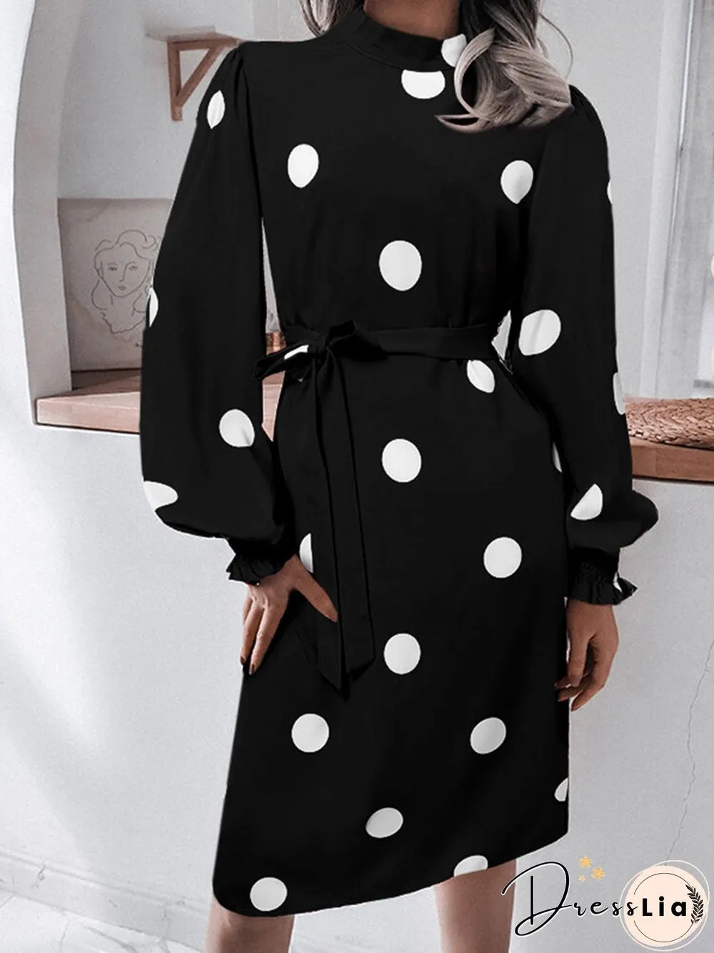 Dot Print Puff Long Sleeve Shirred Stand Collar Dress With Belt