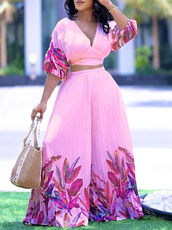 Plus Size Pleated Elasticity Leaves Print Deep V-Neck Shirts Top&High Waisted Pants Bottom Two Pieces Set