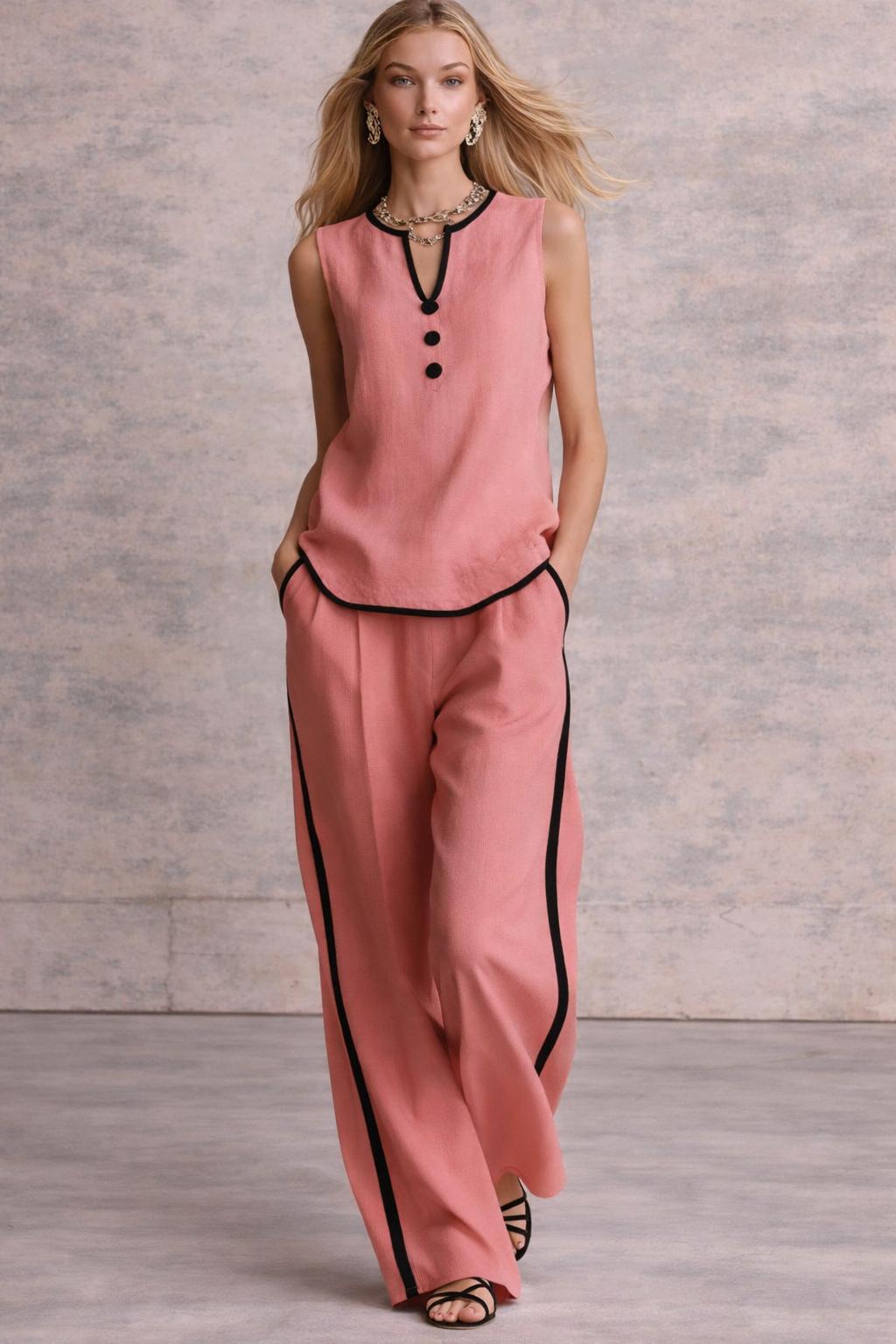 2 Piece Sets Women Minimal Chic Outfit – Sleeveless V Neck Top & Wide Leg Pants, Contrast Trim Linen Set, Elegant Summer Vacation Outfit 2026