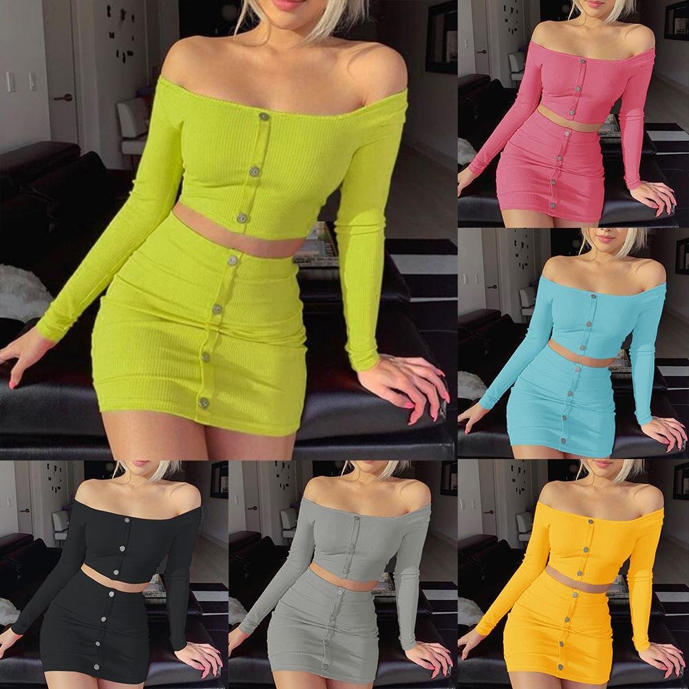 Two piece set Sexy Women Solid Color Button Long Sleeve One Shoulder Blend Casual Soft Women Set Soft material comfortable