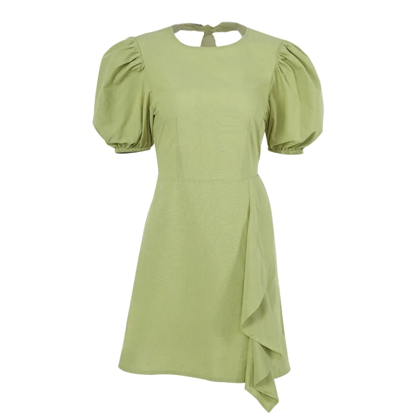 OOTN O-Neck Open Back Sexy Women Dress Puff Sleeve Green Solid Casual Summer Ladies White Lace Up Asymmetry Short Dresses Cotton
