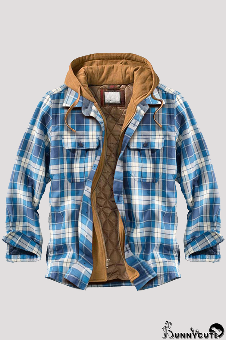 Blue Fashion Casual Plaid Split Joint Pocket Hooded Collar Outerwear