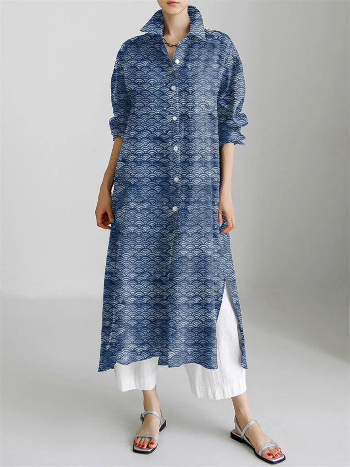 Japanese Art Block Ocean Waves Pattern Long Sleeve Slit Shirt Dress