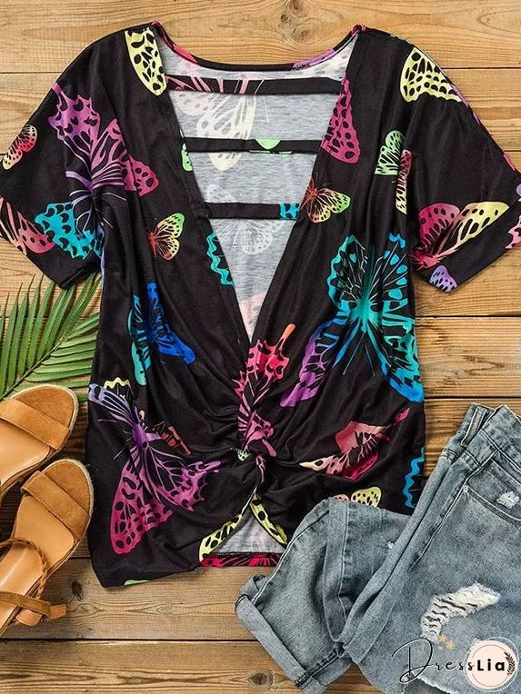 Chic Butterfly Print Halter Bat Sleeve Short Sleeve Top