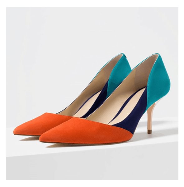 Women's Orange and Blue Suede Office Heels Pointed Toe Pumps |FSJ Shoes