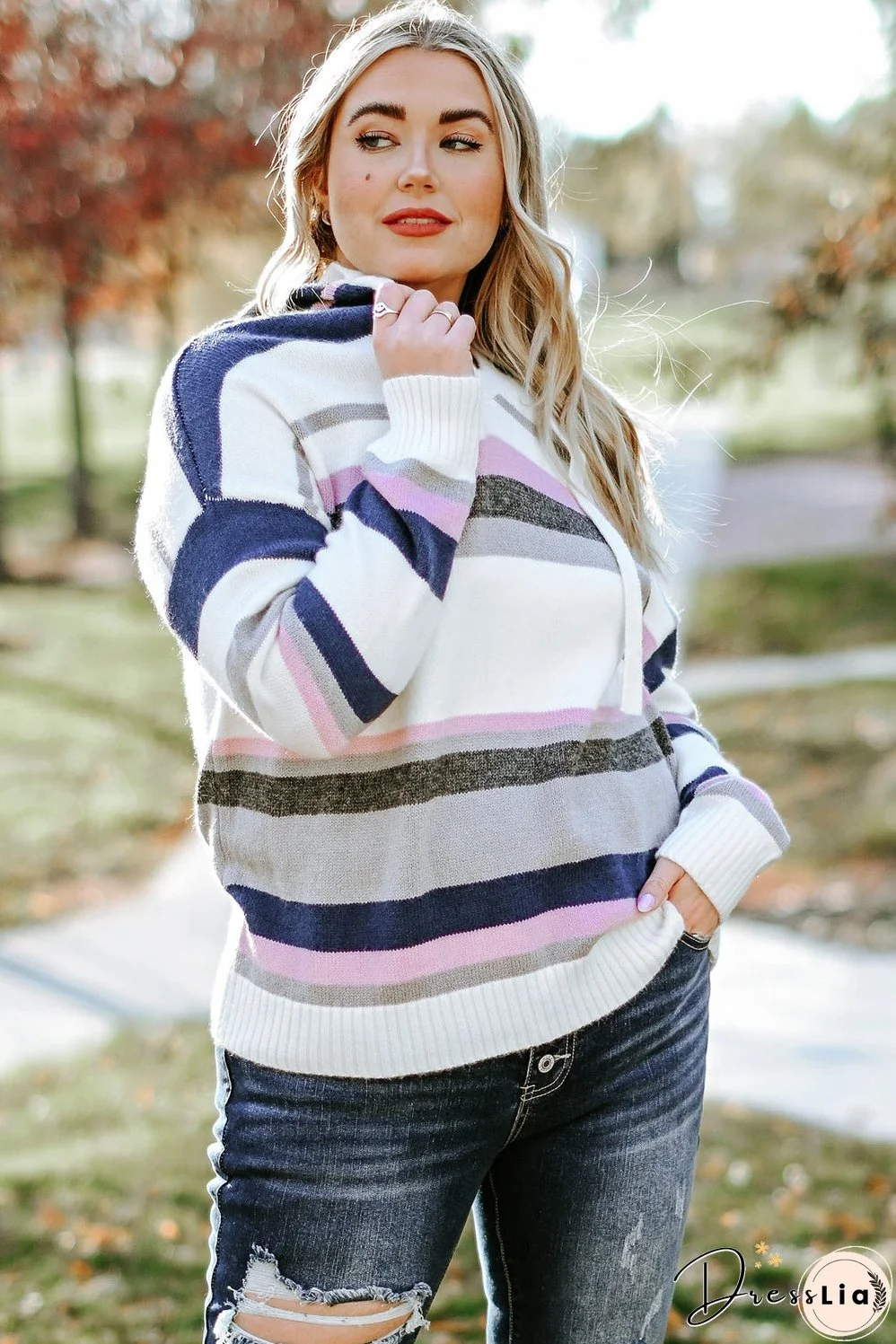 Plus Size Striped Hooded Knit Sweater