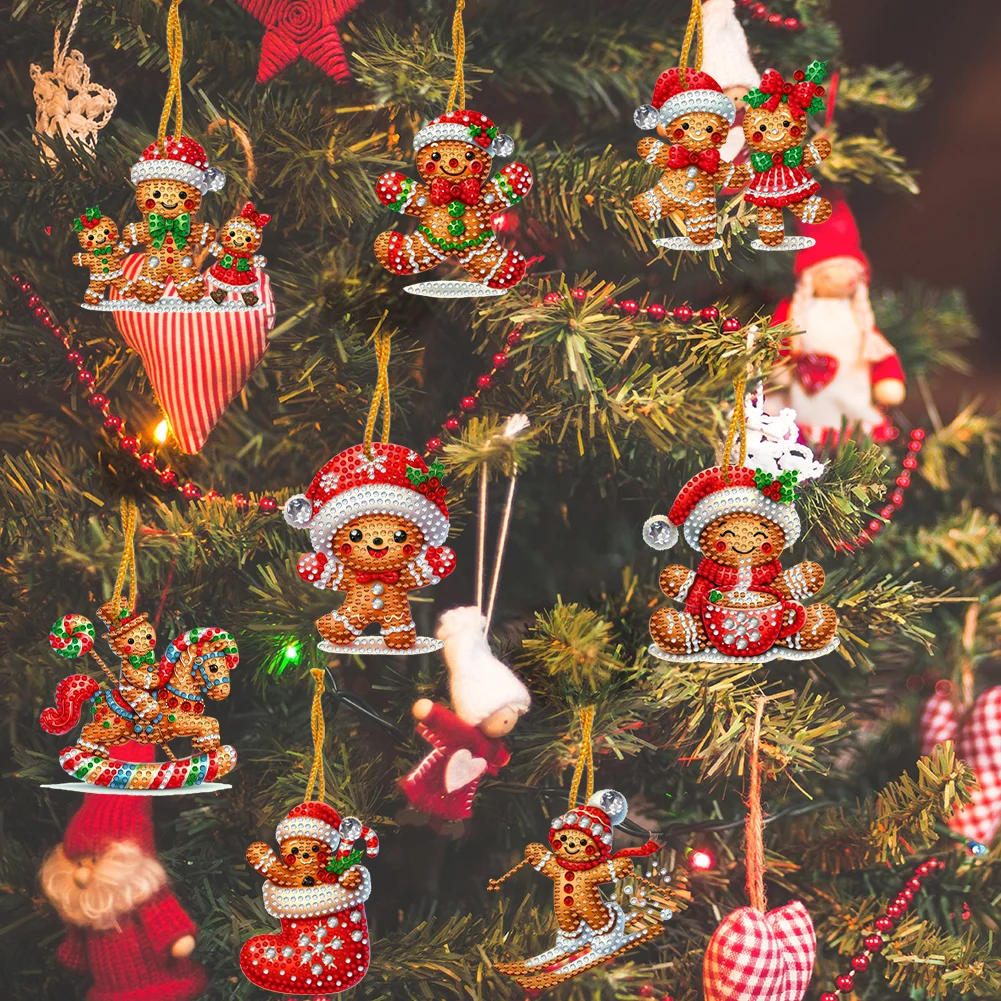 8Pcs DIY Christmas Gingerbread Man Acrylic Special Shaped Christmas Theme Diamond Painting Hanging Decorations