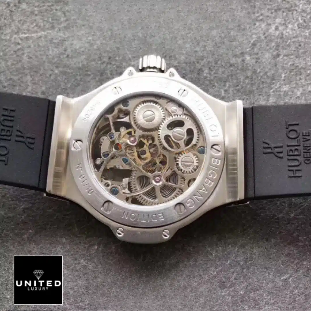 Hublot Bigbang tourbillion watch grey backgorund and stainless steel case