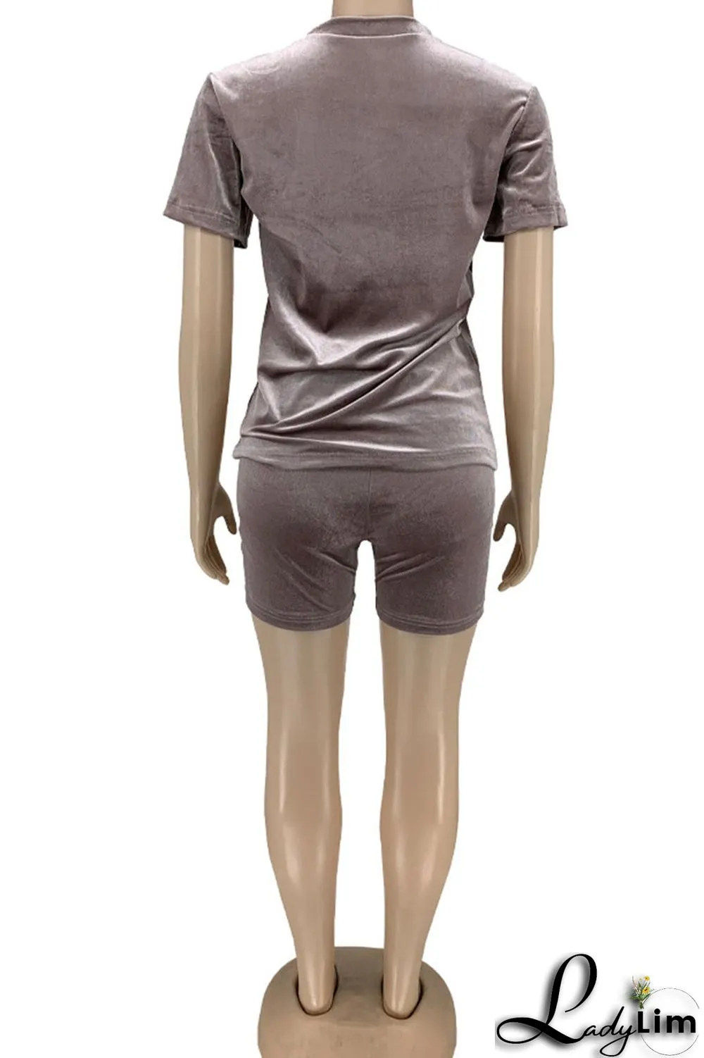 Champagne Casual Solid Split Joint V Neck Short Sleeve Two Pieces