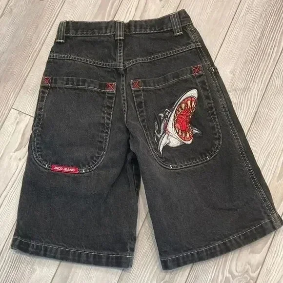 Nulclover fall outfits Hip Hop Retro Skull Embroidery JNCO Shorts Y2K Retro Denim Gym Baggy Jeans Shorts Black Pants High Waist Mens Basketball Short