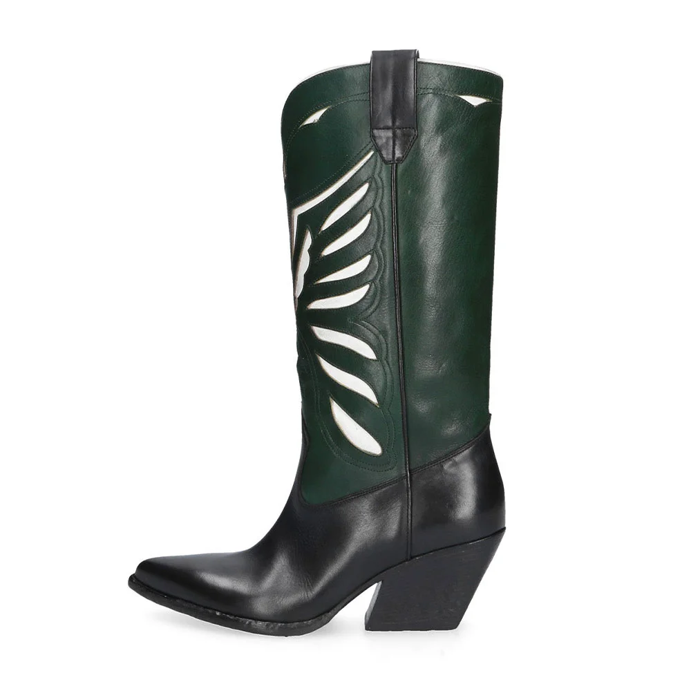Black & Green Pointed Toe Decorative Inlay Stitching Cowgirl Boots
