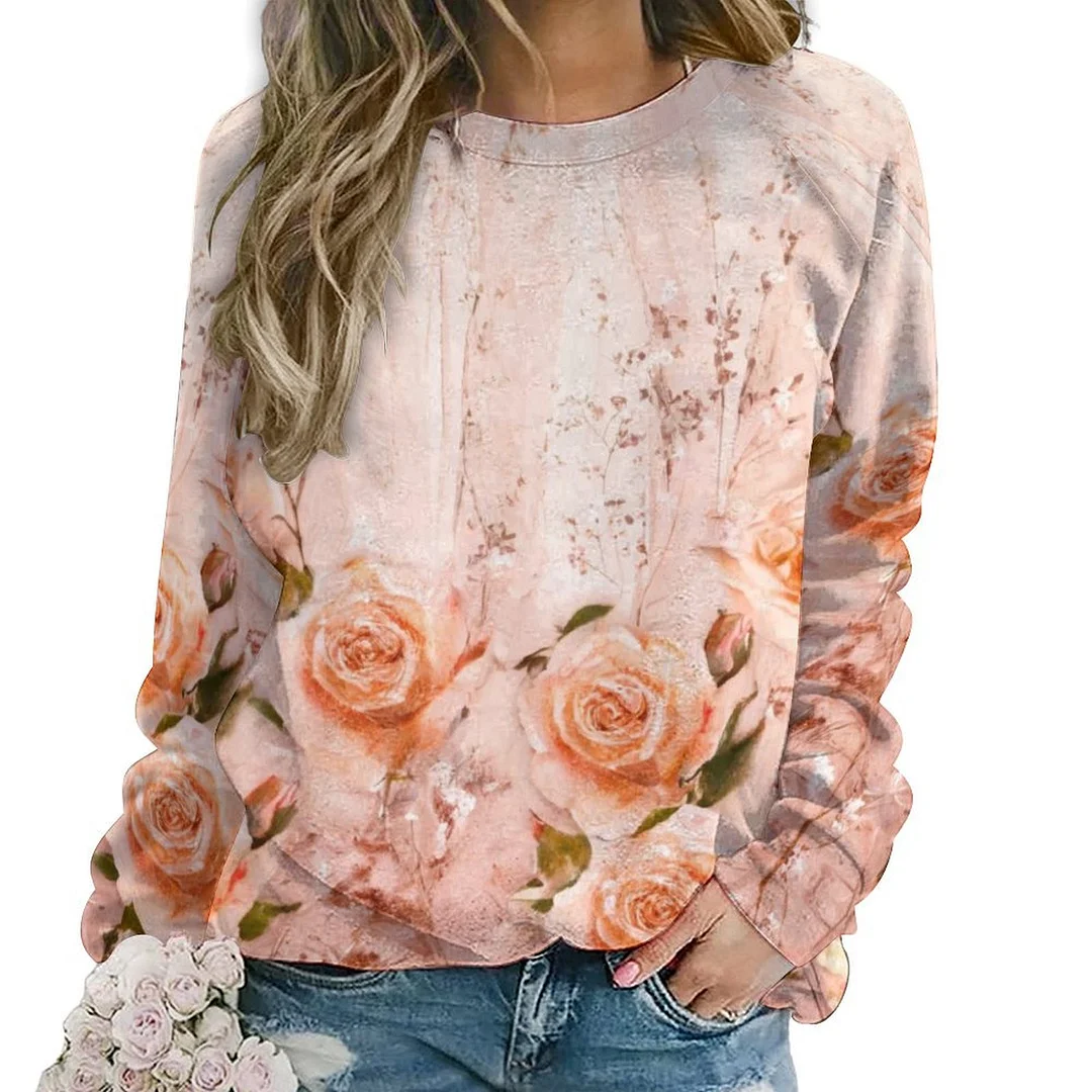 Printed Long Sleeve Casual Sweatshirt for  Women and Men Unisex Pattern Floral, Glitter, Pink
