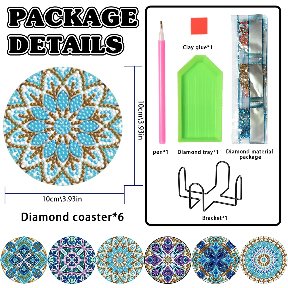 6pcs DIY Mandala Diamond Crafts Coasters with Holder Wooden DIY Coaster